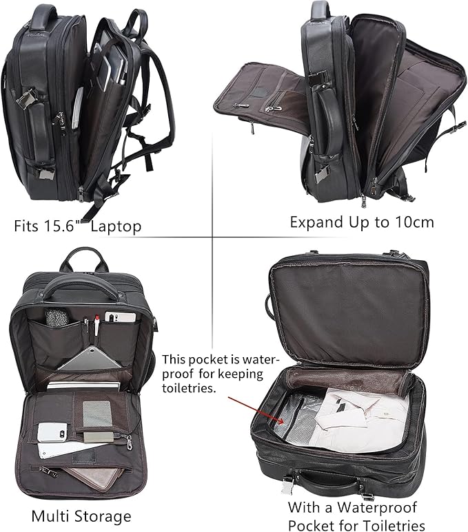 Masa Kawa Leather 15.6 Inch Laptop Backpack for Men Expandable 36L Business Travel Rucksack Daypack Weekender Bag
