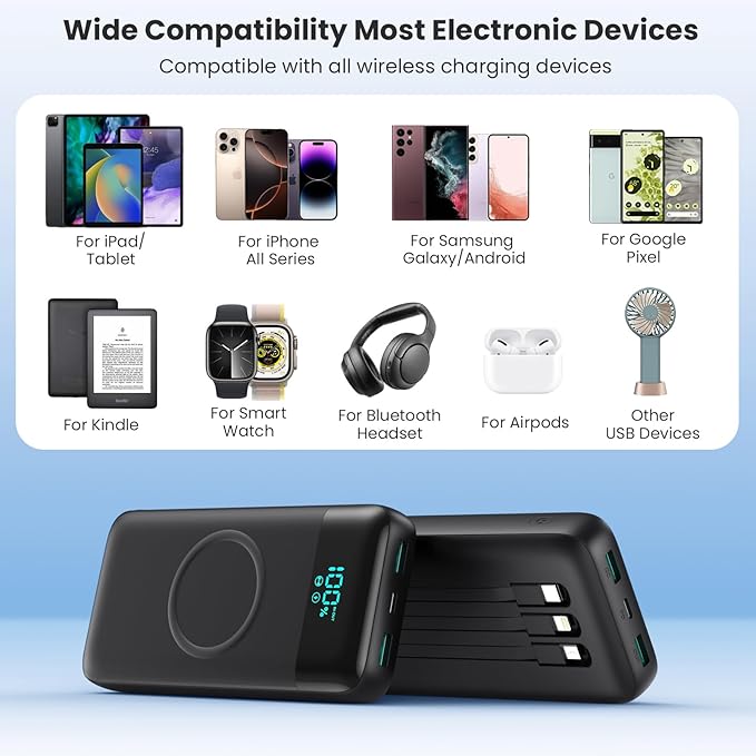 Wireless Portable Charger 40,800mAh with 3 Built-in Cables,15W Wireless Charging 25W PD QC4.0 Fast Charging USB-C Power Bank,7 Outputs Travel Essentials Battery Pack for iPhone 17/16/15/14,Android etc