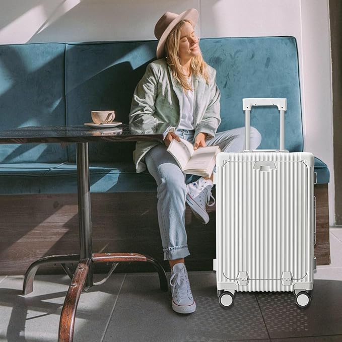 feilario 20in Aluminium Frame Zipperless PC Hard Shell Spinner Wheels Luggage, Built-In TSA lock Carry on Suitcase, with Cup Holder, USB Port, Phone Holder
