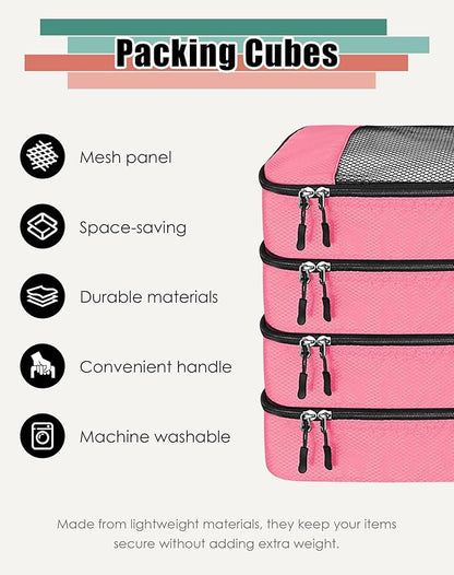4-Piece Packing Cubes Travel Accessories Set for Suitcases - Luggage Organizer Bags with Double Zipper - Mesh Top - Medium - Pink