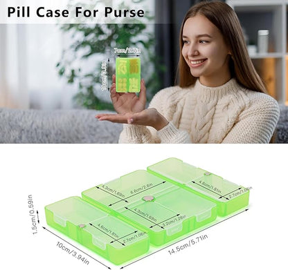 FYY Daily Pill Organizer, 7 Compartments Portable Pill Case Travel Pill Organizer,[Folding Design] Pill Box for Purse Pocket to Hold Vitamins,Cod Liver Oil,Supplements and Medication-Clear Green