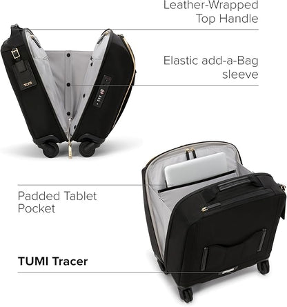 TUMI - Voyageur Leger 4 Wheeled Luggage - Women's Lightweight and Spacious, Sleek Silhouette, Durable Premium Suitcase - 16" Compact Carry-On, Black with Gold Hardware