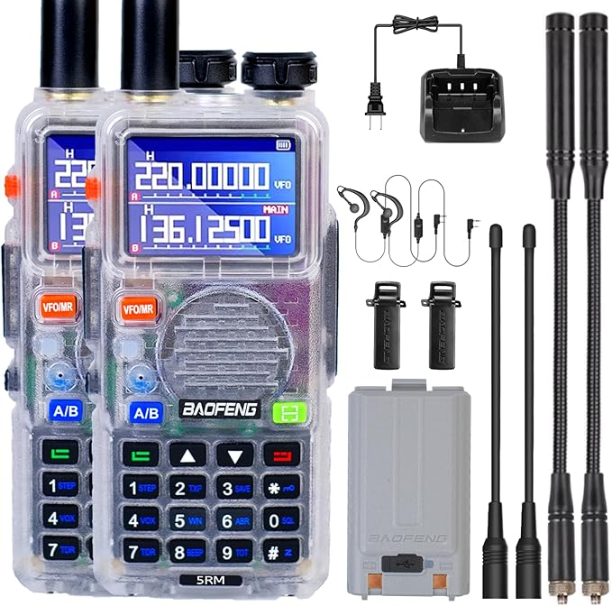 BAOFENG 5RM 10W NOAA Emergency 2500mAh Battery 999CH Ham Radio High Power Long Range Walkie Talkies Handheld Survival Gear Hunting Camping (2pack) (Clear)