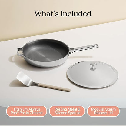 Our Place Titanium Always Pan Pro | 10.6" PFAS-Free Nonstick Frying Pan with Spatula | Chef-Grade Tri-Ply Stainless Steel & Aluminum Build | Induction & Oven-Safe up to 1000°F | Chrome
