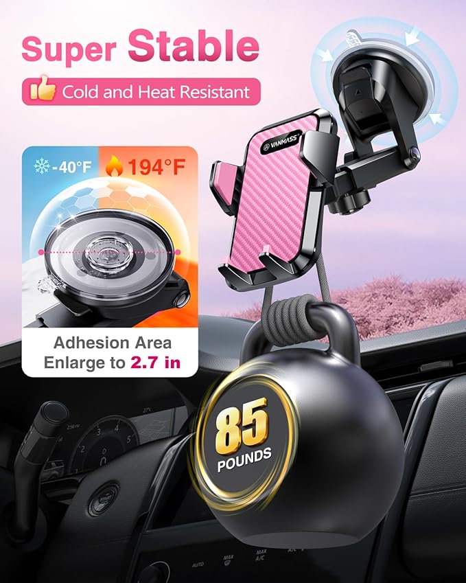 VANMASS【85+LBS Strongest Suction & Military-Grade Ultimate Car Phone Mount【Patent & Safety Certs】 Cell Phone Holder Truck for Dashboard Windshield Vent for iPhone 17 Pro Max 16 15 Desk Mounts, Pink