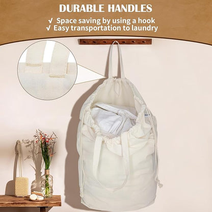 Canvas Laundry Bags with Handles & Square Base 13.8"x 13.8", Large Heavy Duty Laundry Hamper Bag, College Dorm Washable Drawstring Cotton Dirty Clothes Sack (Beige,1 Pack)
