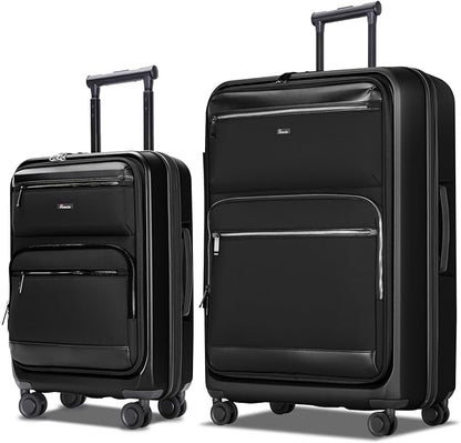 Luggage Sets 2 Piece, Carry On Luggage with Front Pocket & USB Port and 28 Inch Expandable Checked Luggage, Hybrid Soft Front & Hard Shell Suitcases with Spinner Wheels & TSA Lock, Black
