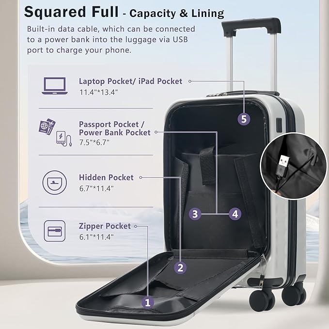 Merax Luggage Sets 3 Piece,Front Open Hardshell Expandable Suitcase with Spinner Wheels and Duffel Bags,Lightweight Carry on Luggage with USB Port,20/24IN,White Grey