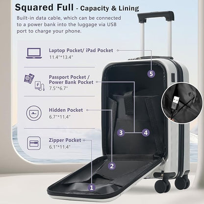 Merax Luggage Sets 2 Piece Front Opening, Hardside Lightweight Carry on Suitcase with USB Port,Durable Expandable Luggage with Bags Spinner Wheels and TSA Lock,White Grey