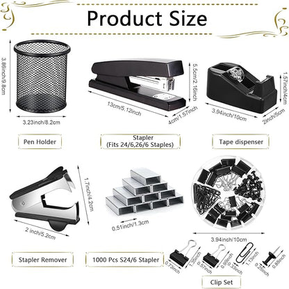 Office Supplies,Desk Accessories, Stapler and Tape Dispenser Set for Women with Stapler, Tape Dispenser, Staple Remover, Staples, Clips, Scissor and Tabs,Gift for Students, Coworkers
