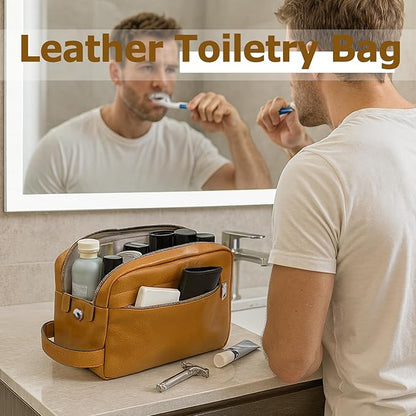 MIRASON Travel Toiletry Bag for Men Leather Travel Bag for Toiletries, Dopp Kit Water-resistant Shower Bag for Shaving Bathroom Organizer Gifts for Men, Brown