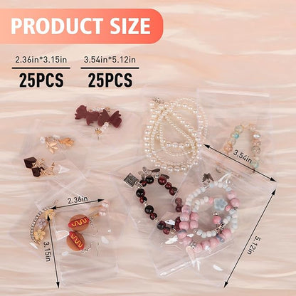 50 Zippered Plastic Jewelry Bags,Small(2.5"x3")and Large(3.5"x5"),Thicker PVC Anti-Tarnish Jewelry Bags Clear Plastic for Gold,Silver,Collectibles,Jewelry Packaging for Business,Travel,Organizing