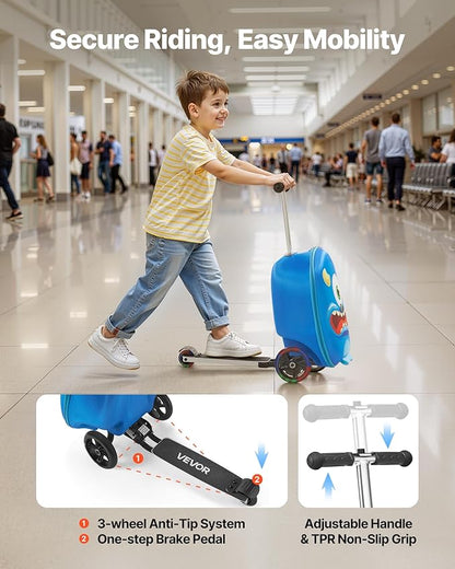 VEVOR Ride-on Luggage, 20 L Capacity, 20 Inches Kids Scooter Suitcase with Flash PU Wheels, Adjustable Handle & TPR Non-Slip Grip, Foldable & Lightweight Scooter Luggage for Kids Aged 5+, Blue