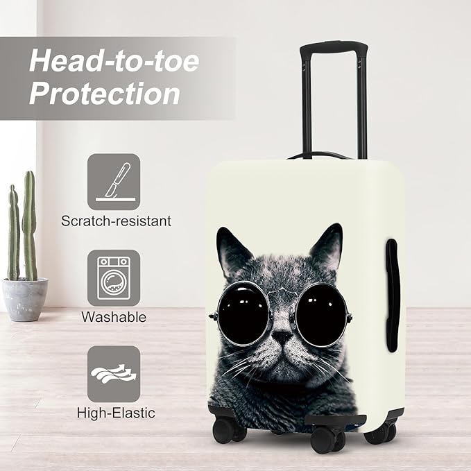 Cool Cat Luggage Protector, Washable Suitcase Cover with Sunglasses Feline Design Anti-scratch for 32",34"Bag