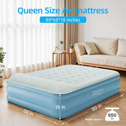 Air Mattress Queen with Built in Pump, Blow Up Mattress 18 Raised Comfort, Upgraded Surface Portable Air Bed with Pillow, Inflatable Mattress for Camping, Home and Guest, 650 lbs Max