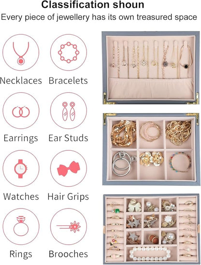 Small Jewelry Organizer for Women, 2-Layer Travel Jewelry Box with Portable Case, Necklace Ring Storage for Dresser, Girls Teens Gifts (Grey)