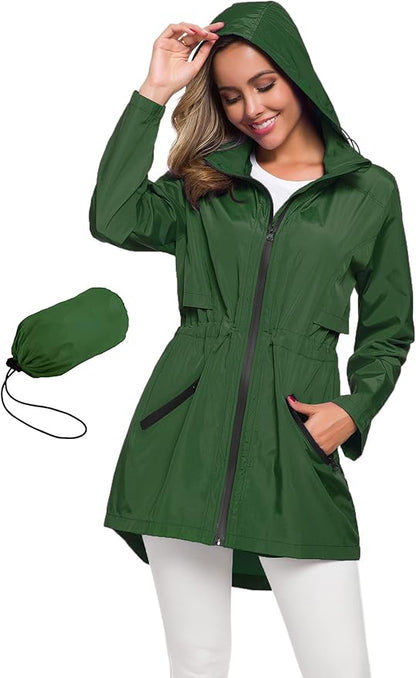Avoogue Women's Long Raincoat with Hood Outdoor Lightweight Windbreaker Rain Jacket Waterproof