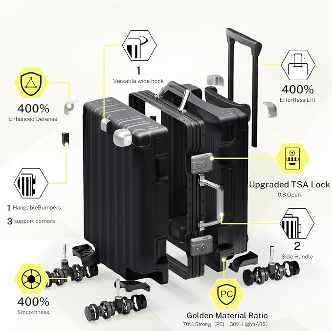 Krute Zipperless Luggage 24 Inch Aluminum Frame Suitcase with Spinner Wheels PC+ABS Hardide Checked Luggage TSA Approved