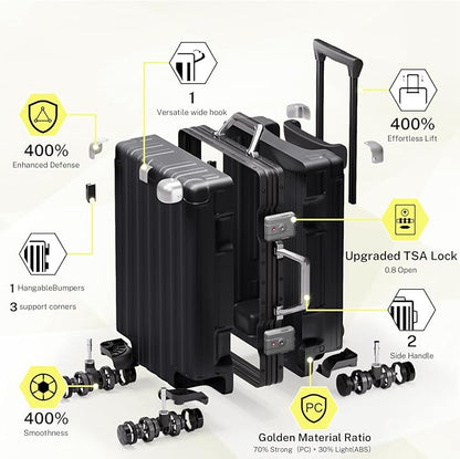 Krute Carry On Luggage 20 inch Aluminum Frame Luggage with Spinner Wheels Hardshell No Zipper PC+ABS TSA Lock Zipperless Suitcases