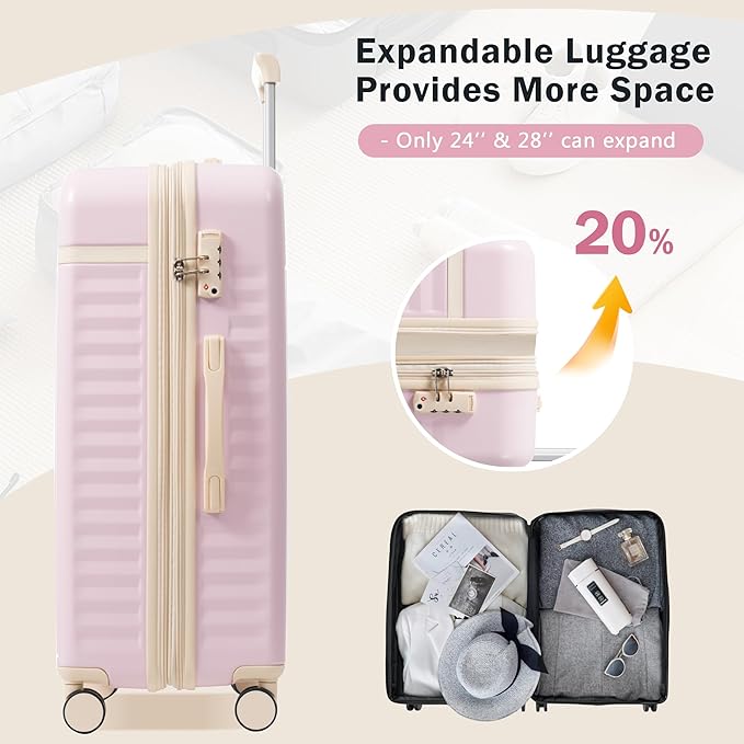 Merax 3 Piece Luggage Sets, Hardside Lightweight Carry on Suitcase,Durable Expandable Luggage with Travel Bags Spinner Wheels and TSA Lock,Pink