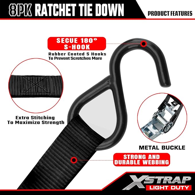 XSTRAP STANDARD Ratchet Tie Down Straps 8PK 1'' x 10 ft - 900 LB Break Strength Cargo Straps for Moving Appliances, Lawn Equipment, Motorcycle (Black)