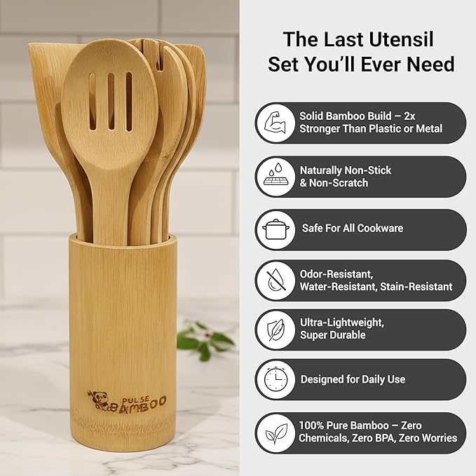 8-Piece Bamboo Utensil Set with Holder, Premium Non-Scratch Bamboo Cooking Utensils for Nonstick Cookware, Water-Resistant, BPA-Free, Eco-Friendly Kitchen Tools