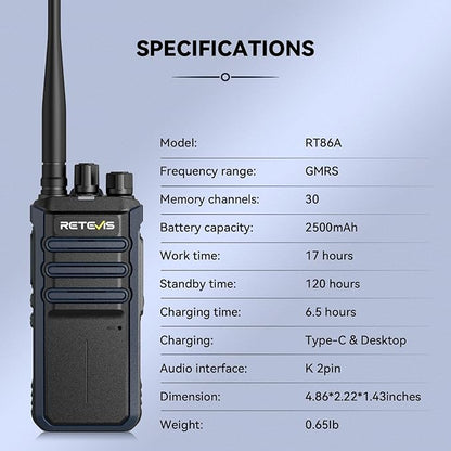 Retevis RT86A Walkie Talkies Long Range, Heavy Duty Two Way Radio with Mic, GMRS 2 Way Radio, Group Call, Easy Pairing, for Construction Industry(4 Pack)