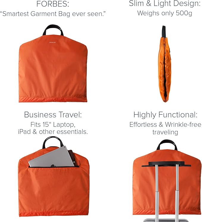 SkyHanger - Carry on Garment Bag with unique Titanium Suit Hanger for Men & Women - best-in-class functionality for wrinkle-free traveling - lightweight & water repellent nylon - Orange