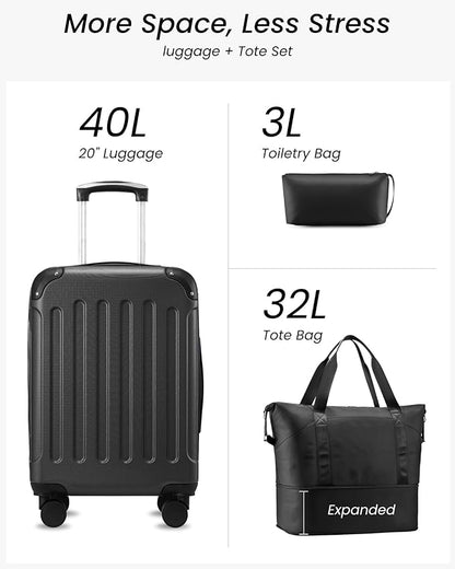 Carry On Luggage 22x14x9 Airline Approved, Hardside Suitcase with Wheels, TSA Approved, Tote Bag, Black