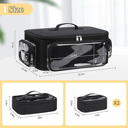 Large Makeup Case Cosmetic Organizer Box Brush Holder, Travel Makeup Train Case with 3 Clear Bags, Professional Makeup Artist Bag Cosmetic Case with Adjustable Dividers and Shoulder Strap