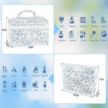 2Pcs Cotton Quilted Makeup Bag for Women Extra Large Small Travel Cosmetic Bag Set Cute Blue Floral Print Makeup Pouch Portable Toiletry Bag Organizer Coquette Vintage Puffy Travel Essential