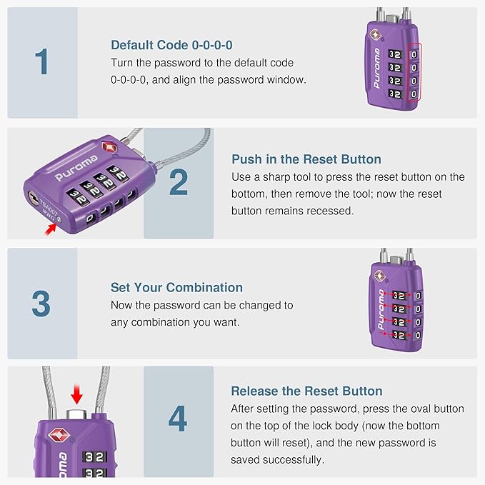 Puroma 2 Pack TSA Approved Luggage Locks, 4 Digit Combination Travel Locks Resettable Code Lock with Zinc Alloy Body for Suitcase, Toolbox, Backpack, Bag, Gym Locker (Basic Purple Dark)