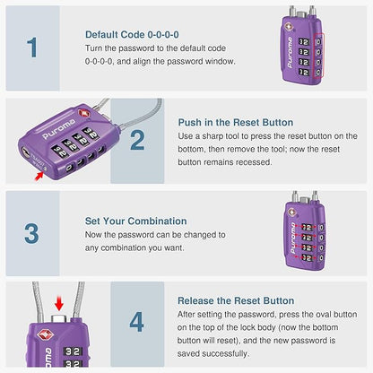 Puroma 2 Pack TSA Approved Luggage Locks, 4 Digit Combination Travel Locks Resettable Code Lock with Zinc Alloy Body for Suitcase, Toolbox, Backpack, Bag, Gym Locker (Basic Purple Dark)