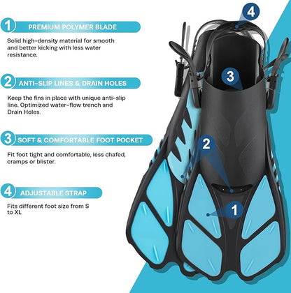 ZEEPORTE Mask Fin Snorkel Set, Travel Size Snorkeling Gear for Adults with Panoramic View Anti-Fog Mask, Trek Fins, Dry Top Snorkel and Gear Bag for Swimming Training, Snorkeling Kit Diving Packages