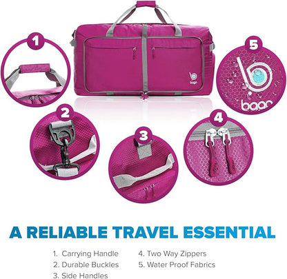 Bago Large Foldable Duffel Bags for Traveling Women & Men - 120L Packable Duffle Bag for Travel with Shoe Compartment - Water Repellant, Heavy Duty, Lightweight Folding & Collapsible (Pink)