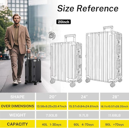 Krute Carry On Luggage 20 inch Aluminum Frame Luggage with Spinner Wheels Hardshell No Zipper PC+ABS TSA Lock Zipperless Suitcases