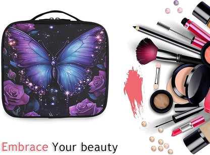 MNSRUU Travel Makeup Bag, Butterfly Rose Women Makeup Case Organizer Cosmetic Toiletry Bag for Teenage Girl with Adjustable Dividers
