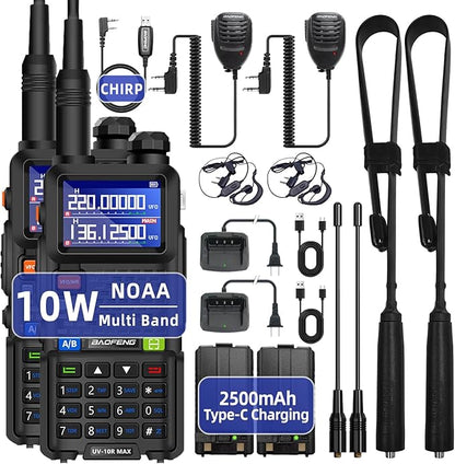 BAOFENG UV-10R MAX Ham Radio Handheld 10W Long Range Tactical NOAA Weather Rechargeable Radios Walkie Talkies with 2500mAh Battery,Type-C Charging for Adults,Survival Gear,Men Birthday Gifts,2 Pack