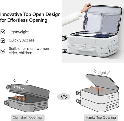 Hanke Top Opening 24 Inch Luggage with Spinner Wheels, Aluminum Frame All-PC Hard Shell Medium Suitcase, Trunk Wide Handle Luggage for Travel, TSA Checked-Medium (Smoke White, 69L)