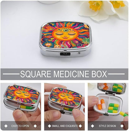 Metal 2 Compartment Pill Organizer Travel Friendly Portable Compact Pill Box Cute Pill Case,for Pocket Wallets Daily Portable Medicine Vitamin Tablet Storage (The Peculiar Sun)