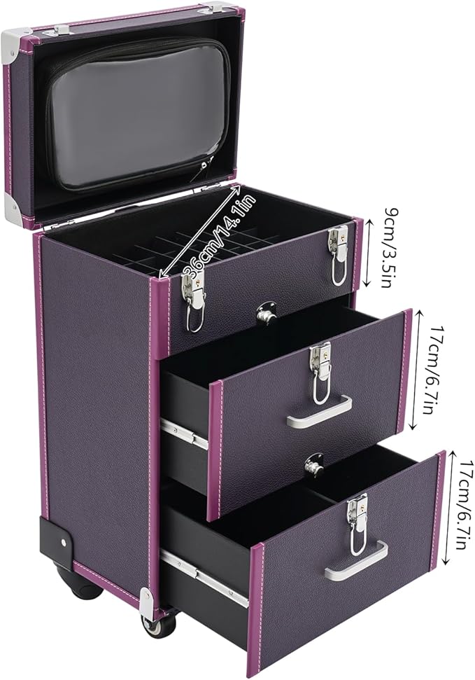 Rolling Makeup Case w/ 2 Keys, 3-tier Lockable Makeup Train Case w/ Drawers, Removable Baffle Nail Polish Organizer, Travel Cosmetic Case w/ 17.7in Telescopic Rod, 14.1*9*22.4in, Silver Latch+Purple