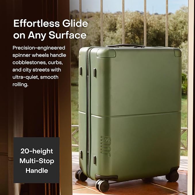 Checked Plus Expandable - 28.75" Airline Approved Check In Luggage with Wheels, Rolling Suitcase for Men & Women - TSA Lock, Silent Spinner Wheels, Expansion Zip, Y-Strap - Moss