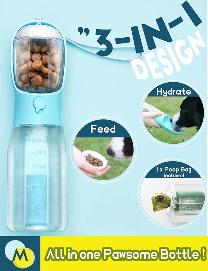 Portable Water Bottle for Dogs, 3 in 1 Pet Travel Bowl Dispenser with Food Treat Container & Poop Bag Holder, Summer Walking Hiking Accessories for Large Dog On The Go - Darkblue, 20oz