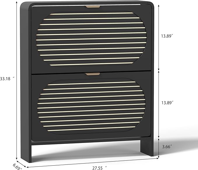 Wood Shoe Storage Cabinet with 2 Flip Drawer, Mid-Century Modern Shoe Cabinet Arched Fluted Pattern, Hidden Narrow Curved Corner Shoe Organizer for Entryway, Living Room (Black, No-Divider)