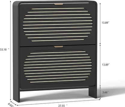 Wood Shoe Storage Cabinet with 2 Flip Drawer, Mid-Century Modern Shoe Cabinet Arched Fluted Pattern, Hidden Narrow Curved Corner Shoe Organizer for Entryway, Living Room (Black, No-Divider)