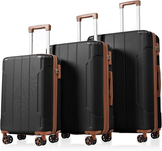 Merax Luggage Sets 3 Piece, Hardshell ABS Lightweight Durable Suitcases with Double Spinner Wheels, Black Brown, 20/24/28 Inch