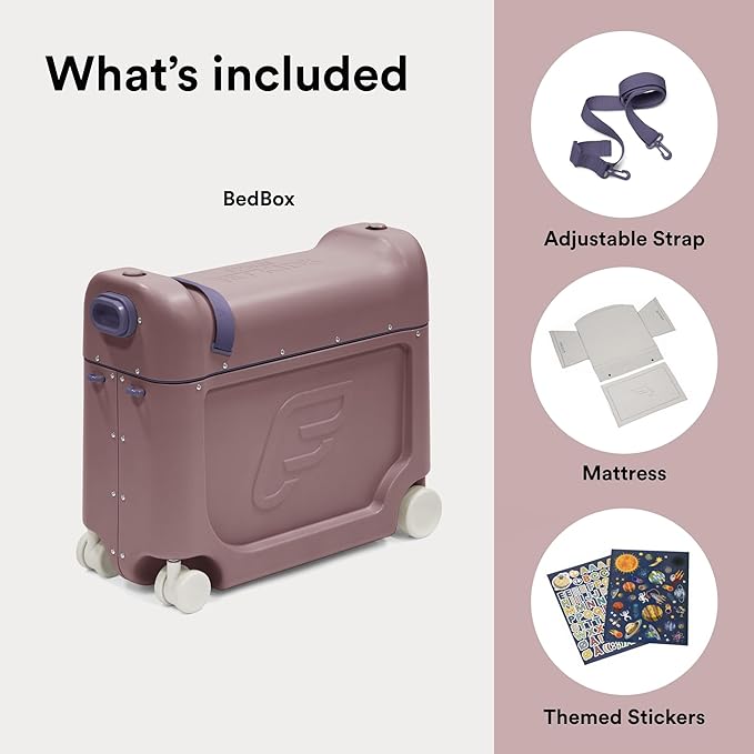 Stokke JetKids BedBox, Hazy Lilac - Ride-On Suitcase for Kids 2-7 Years Old (up to 77 lbs) - Transforms Into Bed - Includes Mattress, Decorative Stickers & Adjustable Carrying Strap