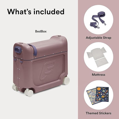 Stokke JetKids BedBox, Hazy Lilac - Ride-On Suitcase for Kids 2-7 Years Old (up to 77 lbs) - Transforms Into Bed - Includes Mattress, Decorative Stickers & Adjustable Carrying Strap
