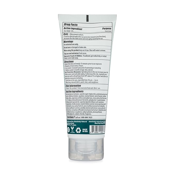Absolutely Natural - SPF 15 Mineral Sunscreen - Broad Spectrum Water Resistant Moisturizer Lotion For Body & Face - With Non-Nano Zinc Oxide, Vitamin E, & Antioxidants - Made in USA, 3 Oz