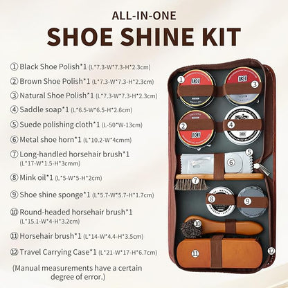 IKI Shoe Polish & Shine Kit - 12 PCS Leather Boot Care Kit with Shoe Polish, Saddle Soap, Mink Oil, Shoe Shine Sponge, Horsehair Shoe Brush, Suede Cloth, Shoe Horn & Storage Bag – Gift for Men & Women